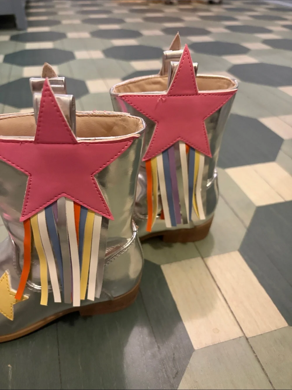 Dream Pairs Silver Kids Star Fringe Boots with Pink, Orange, Yellow Accents